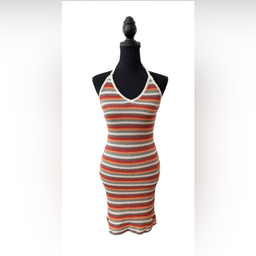 No Comment Gardenia Earth-tone Striped Knitted Halter Midi Dress